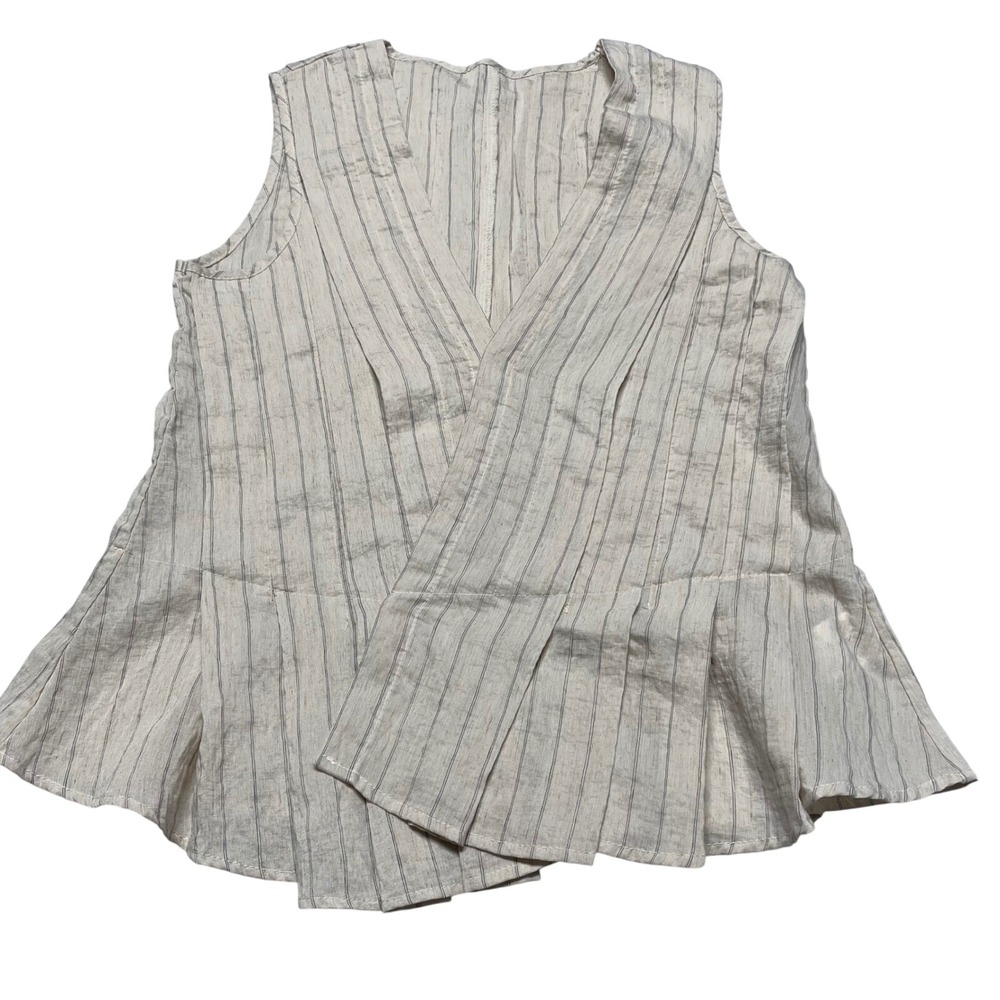 Sleeveless Peplum Blouse Womens Medium Beige Striped Linen Blend Surplice